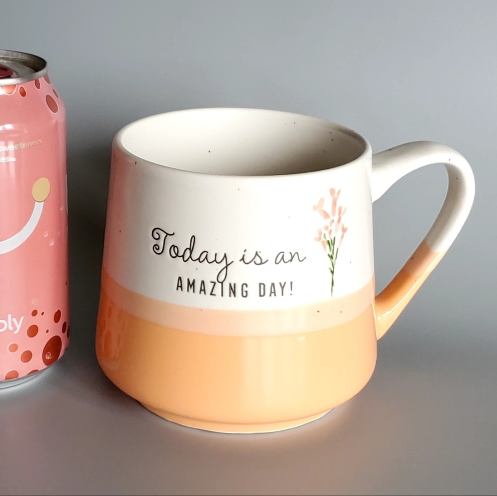 16oz Orange, Apricot White Stoneware Mug - 'Today is an Amazing Day!' EUC